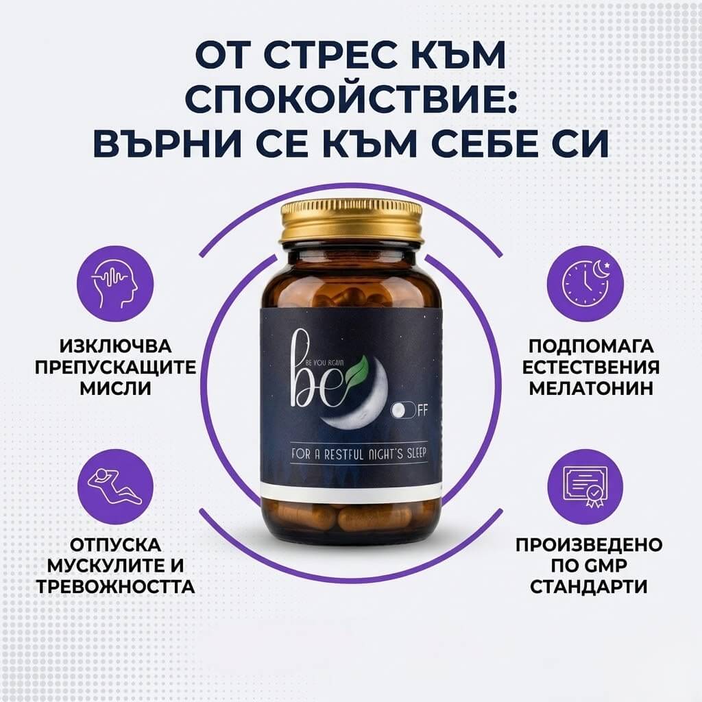 BE OFF - Натурална хранителна добавка за по-лесно заспиване и спокоен сън.